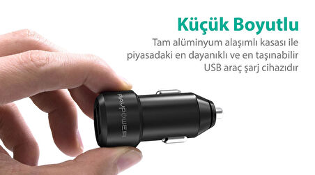 RavPower RP-VC006 Ultra İnce/Ufak 24W 4.8A Çift Çıkış iSmart Araç Şarjı Siyah