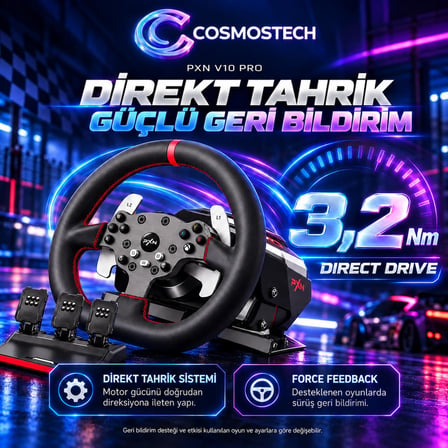 Cosmostech V10 Pro PXN 3.2 Nm Dırect Drıve Yarış Dıreksıyonu Force Feedback 3 Pedal PC PS4 Xbox Gamıng Direksiyon Seti
