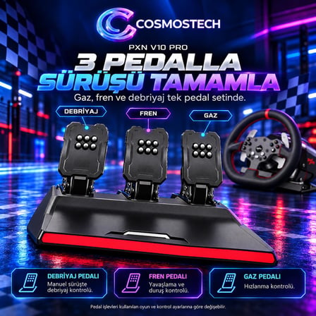 Cosmostech V10 Pro PXN 3.2 Nm Dırect Drıve Yarış Dıreksıyonu Force Feedback 3 Pedal PC PS4 Xbox Gamıng Direksiyon Seti