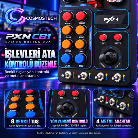 Cosmostech PXN CB1 Gaming Button Box RGB Simülasyon Kontrol Paneli 30 Programlanabilir Tuş USB-C PC Uyumlu