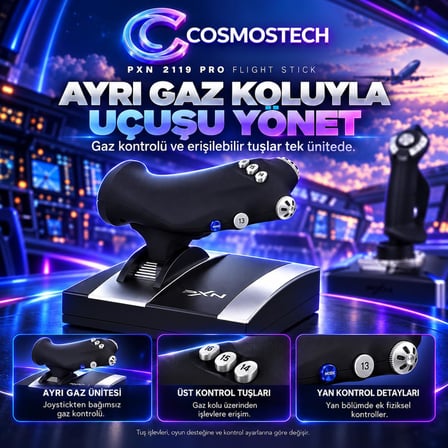 Cosmostech PXN 2119 Pro Flight Stick Uçuş Simülasyon Joystick Seti – Gaz Kollu PC PS4 Xbox One Uyumlu