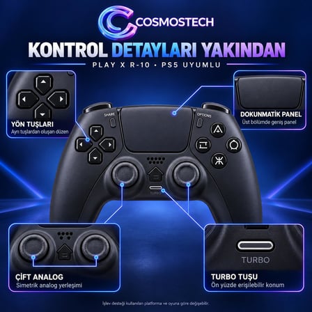 Cosmostech Play X CS-078 R-10 Kablosuz Oyun Kolu – PS5 PC Nintendo Switch Mobil Steam Uyumlu Wireless Gamepad Siyah