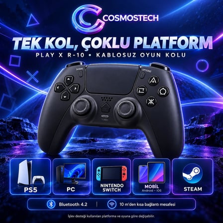 Cosmostech Play X CS-078 R-10 Kablosuz Oyun Kolu – PS5 PC Nintendo Switch Mobil Steam Uyumlu Wireless Gamepad Siyah