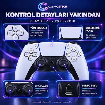 Cosmostech Play X CS-077 R-10 Kablosuz Oyun Kolu – PS5 PC Nintendo Switch Mobil Steam Uyumlu Wireless Gamepad Beyaz