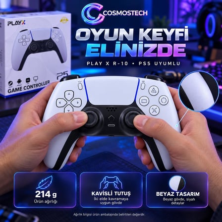 Cosmostech Play X CS-077 R-10 Kablosuz Oyun Kolu – PS5 PC Nintendo Switch Mobil Steam Uyumlu Wireless Gamepad Beyaz