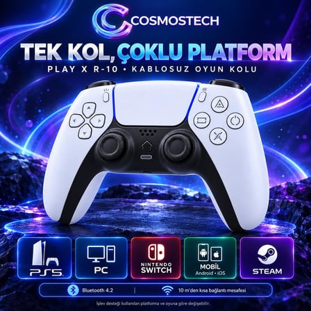 Cosmostech Play X CS-077 R-10 Kablosuz Oyun Kolu – PS5 PC Nintendo Switch Mobil Steam Uyumlu Wireless Gamepad Beyaz