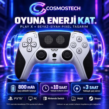 Cosmostech Play X CS-075 Kablosuz Oyun Kolu – PS5 PC Nintendo Switch Mobil Steam Uyumlu Wireless Gamepad Beyaz-Siyah Pixel Desenli