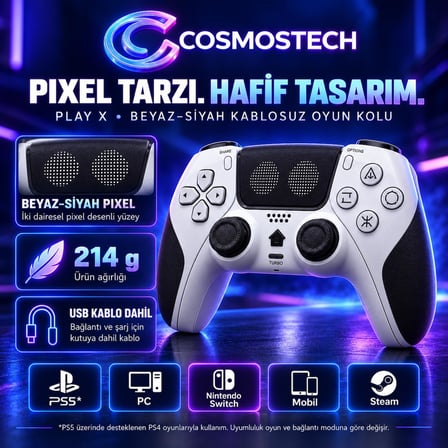 Cosmostech Play X CS-075 Kablosuz Oyun Kolu – PS5 PC Nintendo Switch Mobil Steam Uyumlu Wireless Gamepad Beyaz-Siyah Pixel Desenli