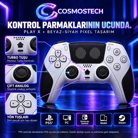 Cosmostech Play X CS-075 Kablosuz Oyun Kolu – PS5 PC Nintendo Switch Mobil Steam Uyumlu Wireless Gamepad Beyaz-Siyah Pixel Desenli