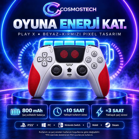 Cosmostech Play X CS-074 Kablosuz Oyun Kolu – PS5 PC Nintendo Switch Mobil Steam Uyumlu Wireless Gamepad Beyaz-Kırmızı Pixel Desenli