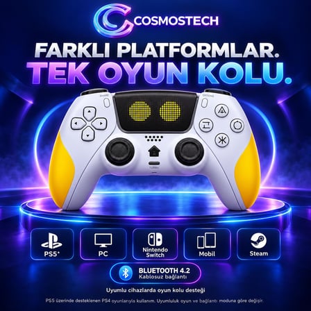 Cosmostech Play X CS-076 Kablosuz Oyun Kolu – PS5 PC Nintendo Switch Mobil Steam Uyumlu Wireless Gamepad Beyaz-Sarı