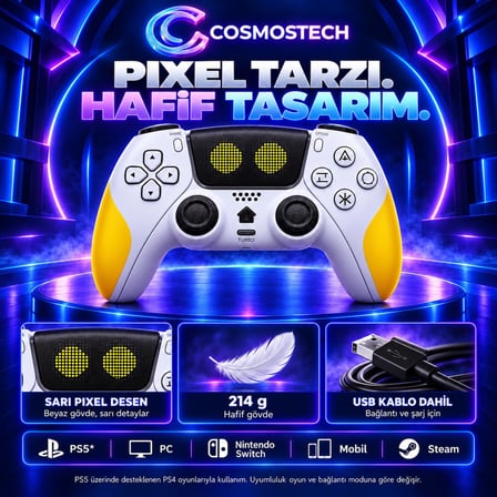Cosmostech Play X CS-076 Kablosuz Oyun Kolu – PS5 PC Nintendo Switch Mobil Steam Uyumlu Wireless Gamepad Beyaz-Sarı