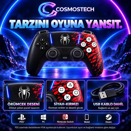Cosmostech Play X CS-086 Kablosuz Oyun Kolu – PS5 PC Nintendo Switch Mobil Steam Uyumlu Wireless Gamepad Siyah-Kırmızı Örümcek Desenli