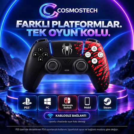 Cosmostech Play X CS-086 Kablosuz Oyun Kolu – PS5 PC Nintendo Switch Mobil Steam Uyumlu Wireless Gamepad Siyah-Kırmızı Örümcek Desenli