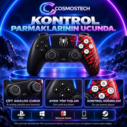 Cosmostech Play X CS-086 Kablosuz Oyun Kolu – PS5 PC Nintendo Switch Mobil Steam Uyumlu Wireless Gamepad Siyah-Kırmızı Örümcek Desenli