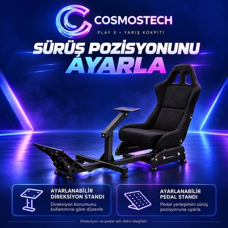 Cosmostech Play X CS-090 Yarış Simülatörü Kokpit ve Yarış Koltuğu – Ayarlanabilir Direksiyon Pedal Standlı Sim Racing Gaming Cockpit