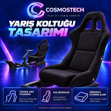 Cosmostech Play X CS-090 Yarış Simülatörü Kokpit ve Yarış Koltuğu – Ayarlanabilir Direksiyon Pedal Standlı Sim Racing Gaming Cockpit