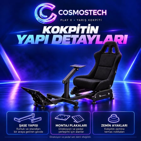 Cosmostech Play X CS-090 Yarış Simülatörü Kokpit ve Yarış Koltuğu – Ayarlanabilir Direksiyon Pedal Standlı Sim Racing Gaming Cockpit