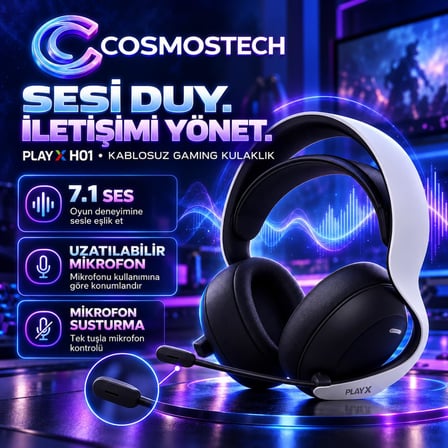 Cosmostech Play X H01 CS-198 Kablosuz Gaming Kulaklık – 7.1 Mikrofonlu 800 mAh PS4 PS5 PC Nintendo Switch Mobil Uyumlu Wireless Headset