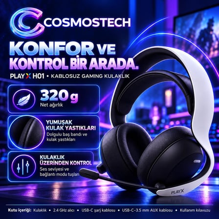 Cosmostech Play X H01 CS-198 Kablosuz Gaming Kulaklık – 7.1 Mikrofonlu 800 mAh PS4 PS5 PC Nintendo Switch Mobil Uyumlu Wireless Headset