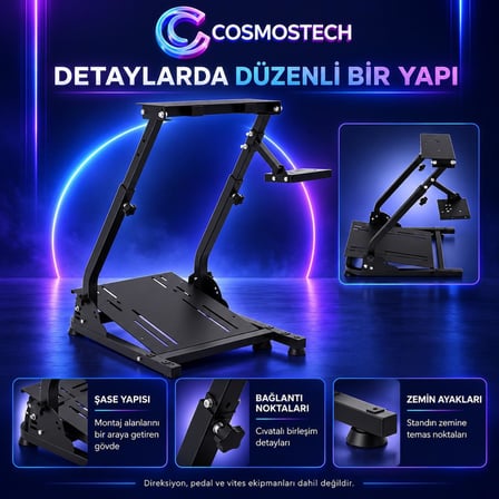 Cosmostech CS-231 Katlanabilir Sim Racing Direksiyon Standı – Ayarlanabilir Yarış Simülatörü Direksiyon Pedal ve Vites Standı
