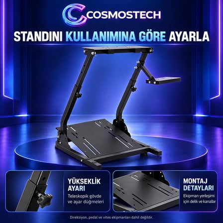 Cosmostech CS-231 Katlanabilir Sim Racing Direksiyon Standı – Ayarlanabilir Yarış Simülatörü Direksiyon Pedal ve Vites Standı