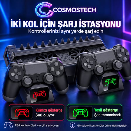 Cosmostech CS4-151 PS4 Soğutucu Dikey Stand ve Çift Kol Şarj İstasyonu – PS4 Slim Pro Uyumlu 3 Fanlı 12 Oyun Yuvalı