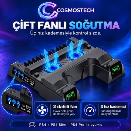 Cosmostech CS4-151 PS4 Soğutucu Dikey Stand ve Çift Kol Şarj İstasyonu – PS4 Slim Pro Uyumlu 3 Fanlı 12 Oyun Yuvalı
