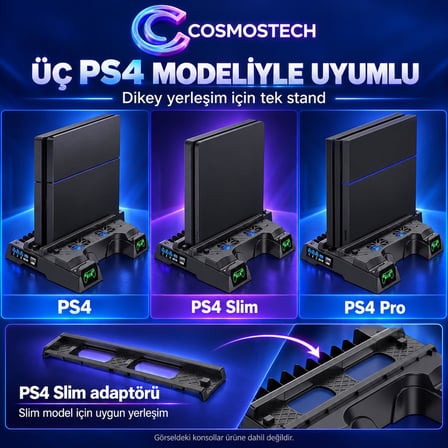 Cosmostech CS4-151 PS4 Soğutucu Dikey Stand ve Çift Kol Şarj İstasyonu – PS4 Slim Pro Uyumlu 3 Fanlı 12 Oyun Yuvalı