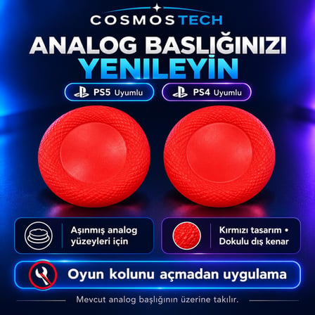 Cosmostech PS5 PS4 Uyumlu Yedek Analog Joystick Başlığı 12 Adet – Aşınmış Sökülmüş Analog İçin Uyumludur Replacement Thumbstick Renkli Kırmızı