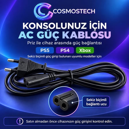 Cosmostech CS-017 PS5 PS4 Xbox Uyumlu AC Güç Kablosu – Oyun Konsolu Elektrik Power Cable