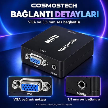 Cosmostech CS-1452 HDMI to VGA Görüntü Dönüştürücü Adaptör – HDMI Giriş VGA Çıkış Video Converter Siyah