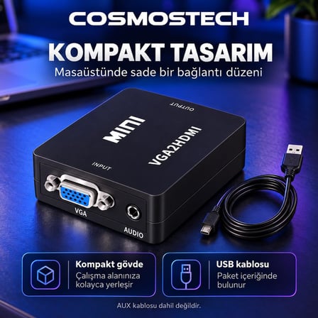 Cosmostech CS-1452 HDMI to VGA Görüntü Dönüştürücü Adaptör – HDMI Giriş VGA Çıkış Video Converter Siyah
