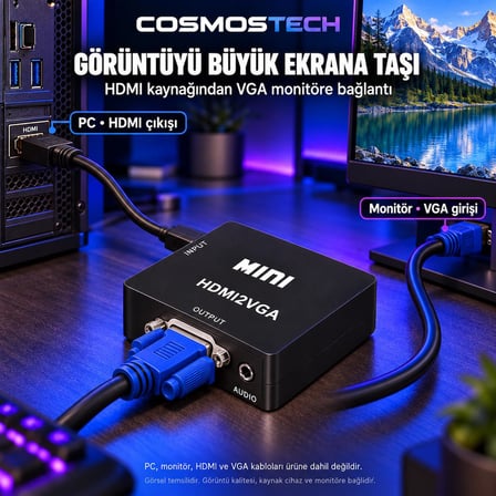 Cosmostech CS-1452 HDMI to VGA Görüntü Dönüştürücü Adaptör – HDMI Giriş VGA Çıkış Video Converter Siyah