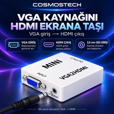 Cosmostech CS-1453 VGA to HDMI Görüntü Dönüştürücü Adaptör – VGA Giriş HDMI Çıkış Video Converter Beyaz