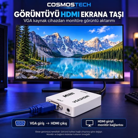 Cosmostech CS-1453 VGA to HDMI Görüntü Dönüştürücü Adaptör – VGA Giriş HDMI Çıkış Video Converter Beyaz