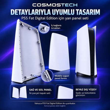 Cosmostech PS5 Fat Digital Edition Uyumlu Konsol Koruyucu Kapak Seti CS5-018 – PlayStation 5 Dijital Sürüm Yan Panel Faceplate Beyaz