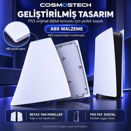 Cosmostech PS5 Fat Digital Edition Uyumlu Konsol Koruyucu Kapak Seti CS5-018 – PlayStation 5 Dijital Sürüm Yan Panel Faceplate Beyaz