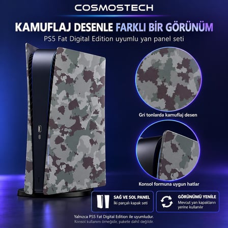 Cosmostech PS5 Fat Digital Edition Uyumlu Konsol Koruyucu Kapak Seti CS5-022 – PlayStation 5 Dijital Sürüm Yan Panel Faceplate Army Kamuflaj