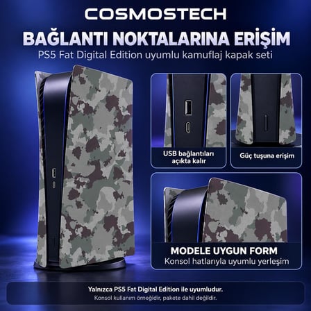Cosmostech PS5 Fat Digital Edition Uyumlu Konsol Koruyucu Kapak Seti CS5-022 – PlayStation 5 Dijital Sürüm Yan Panel Faceplate Army Kamuflaj