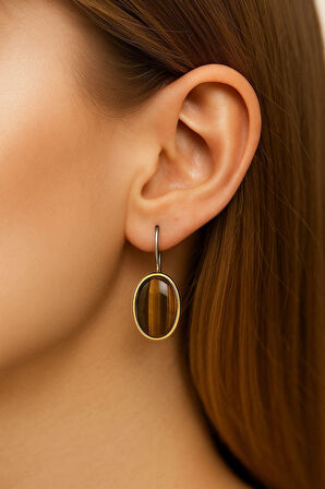 Asya Serisi El İşi Gümüş Kahverengi Kaplangözü Taşlı Kadın Küpe