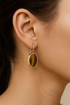 Asya Serisi El İşi Gümüş Kahverengi Kaplangözü Taşlı Kadın Küpe