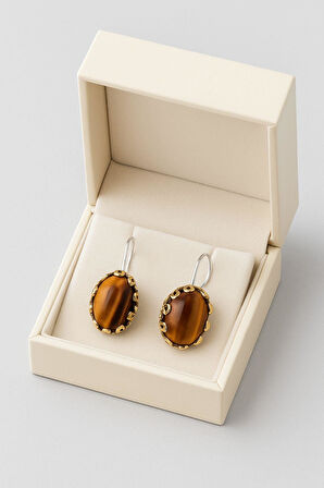 Lale Serisi El İşi Kahverengi Kaplangözü Taşlı  Gümüş Kadın Küpe