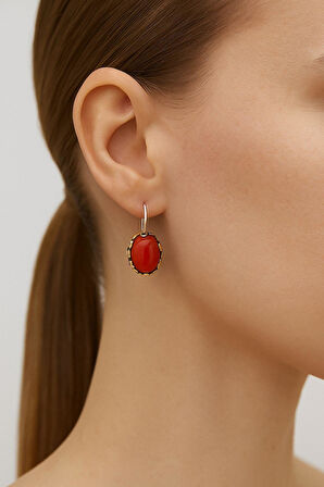 Lale Serisi El İşi Kırmızı Akik Taşlı  Gümüş Kadın Küpe