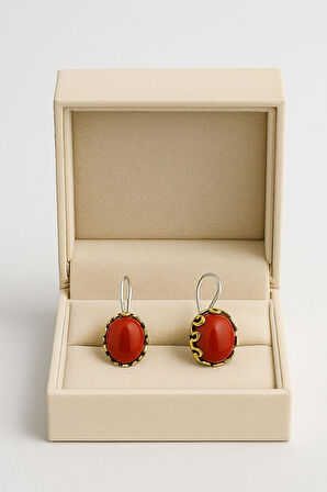 Lale Serisi El İşi Kırmızı Akik Taşlı  Gümüş Kadın Küpe