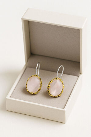 Lale Serisi El İşi Pembe Kuvars Taşlı Gümüş Kadın Küpe