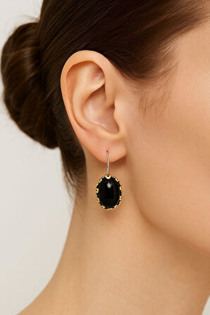 Lale Serisi El İşi Siyah Oniks Taşlı Gümüş Kadın Küpe