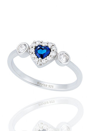 Minera Serisi Mavi Safir Zirkon Taşlı Kalp Gümüş Kadın Yüzük