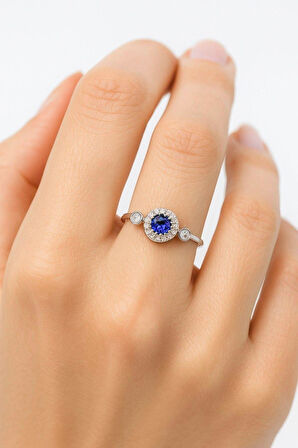 Minera Serisi 925 Ayar Gümüş Mavi Safir Zirkon Taşlı Yuvarlak Yüzük