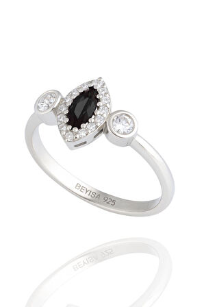 Minera Serisi 925 Ayar Gümüş Siyah Oniks Zirkon Taşlı Mekik Yüzük